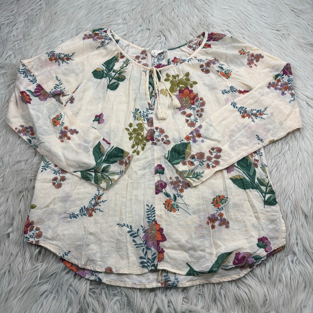 Lovestitch Women's M Ivory Floral Lightweight Peasant Top Blouse Boho‎ Resort